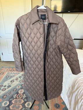 Theory Quilted Long Coat in Taupe Brown